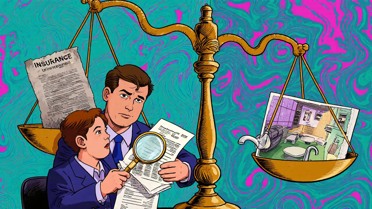 Клиент передает чеки на ремонт страховой компании, где старый полис и новая стоимость противостоят на весах.