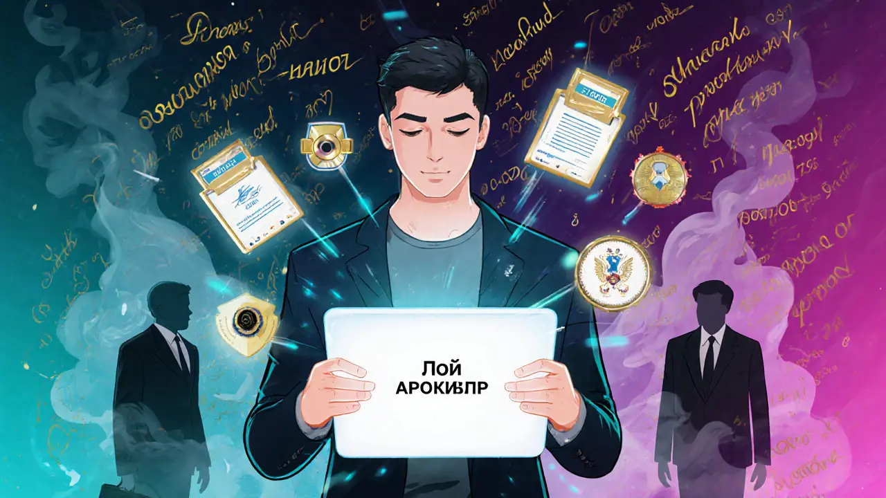 Гражданин подает заявку через цифровую систему, вокруг — голографические значки экспертизы и законы, тени мошенников исчезают.