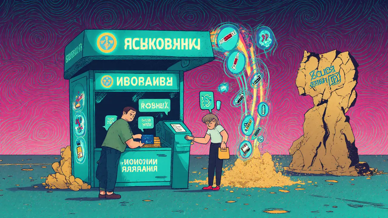 Инновационный полис ДМС 2025 года, покрывающий хронические болезни, в ярком психоделическом стиле.