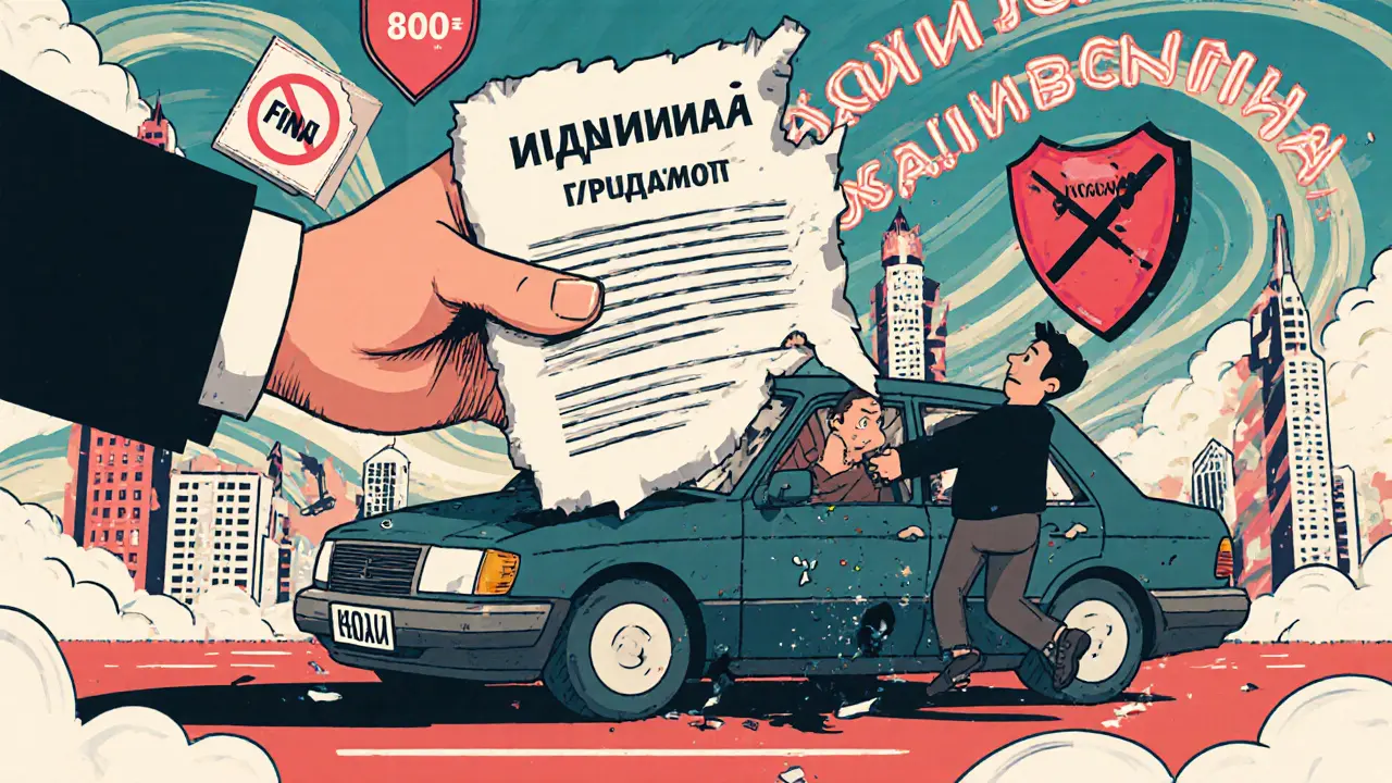 Машина на эвакуаторе, водитель держит рвущийся полис, вокруг — символы штрафов и блокировки.