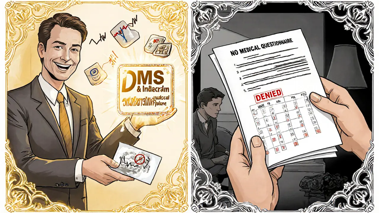 Сравнение: корпоративный полис ДМС с радостью и личный полис с отказом, в психоделическом стиле.