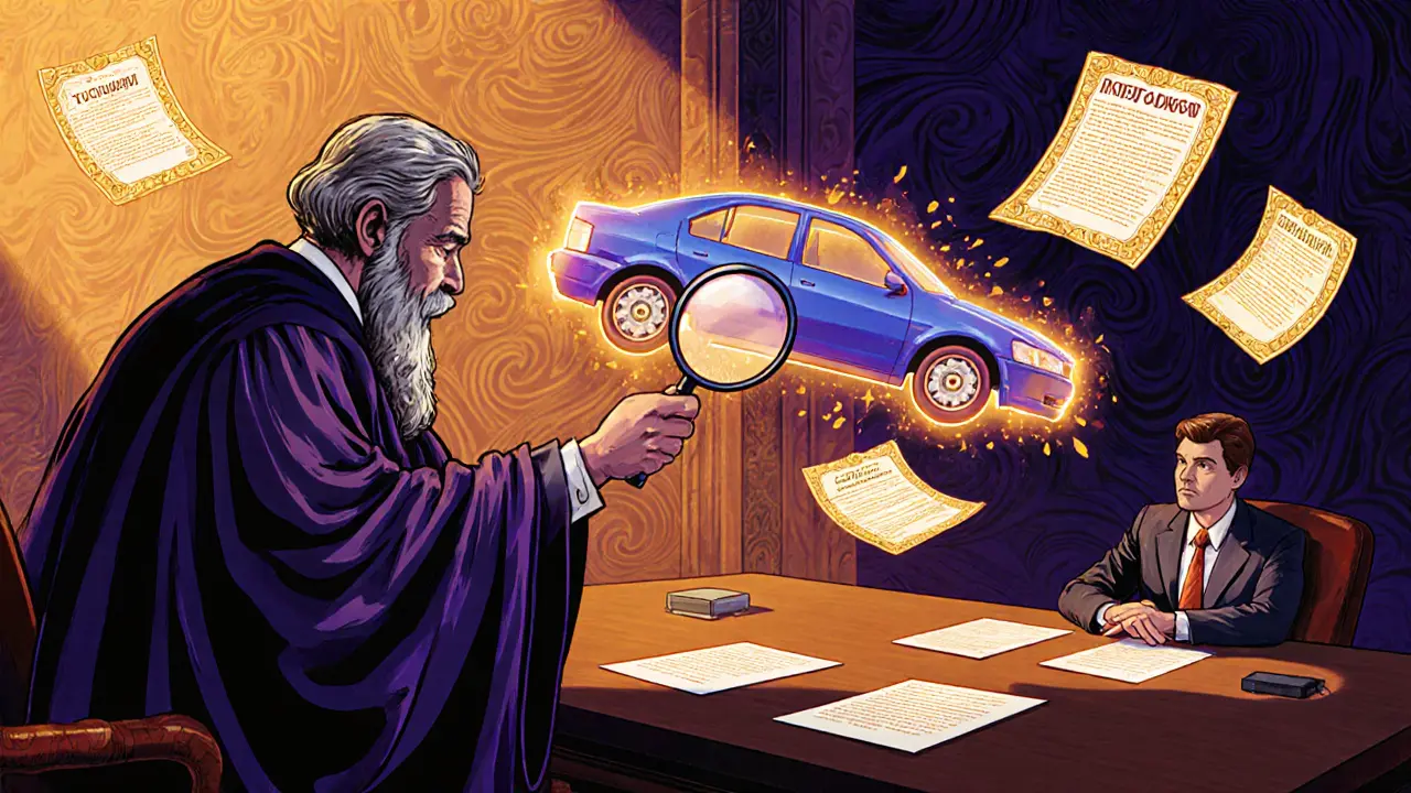 Судья рассматривает 3D-скан автомобиля в суде, страховой агент уменьшается, вокруг — плавающие документы и узоры.