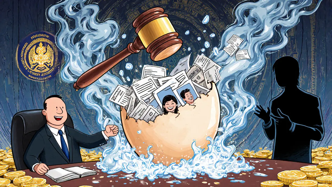 Судья разбивает печать страховой компании, из неё выливается доказательства и золото, тени врага исчезают.