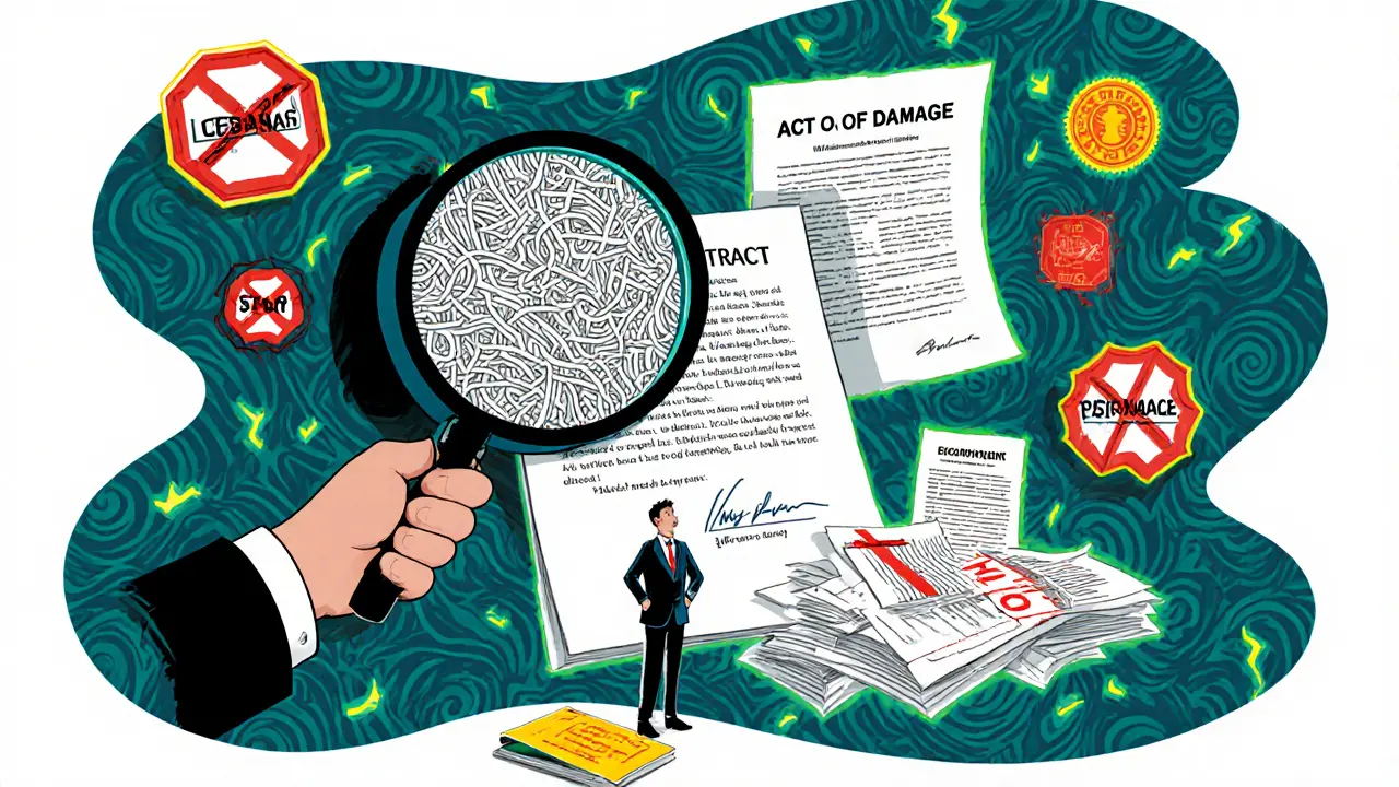 Юрист разбирает страховой договор, клиент с кучей документов, вокруг — красные запрещающие знаки.