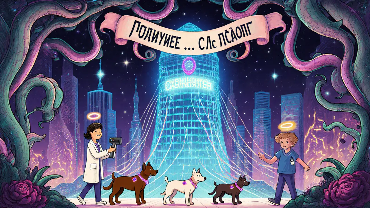 Город с чипированными животными, подключенными к базе Хорриот, в психоделическом стиле.