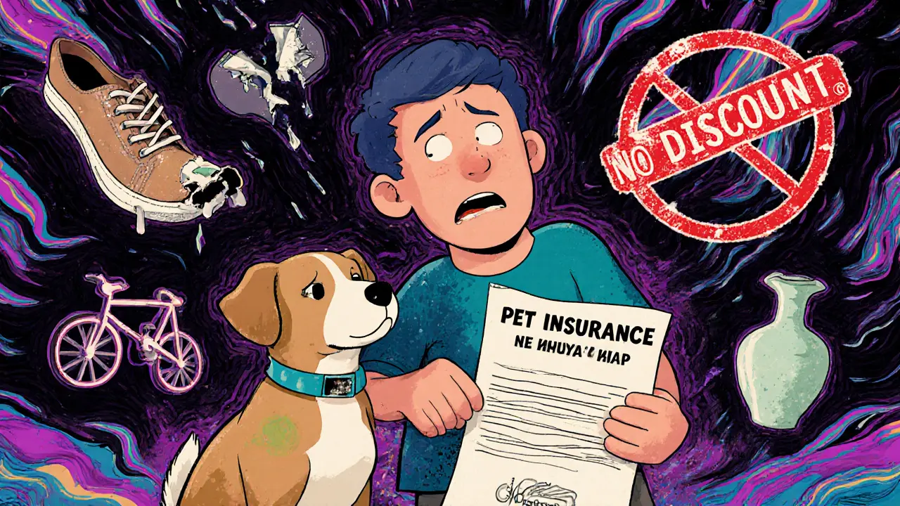 Владелец с полисом страхования и собакой, вокруг — символы ущерба и надпись &#039;нет скидки&#039;.