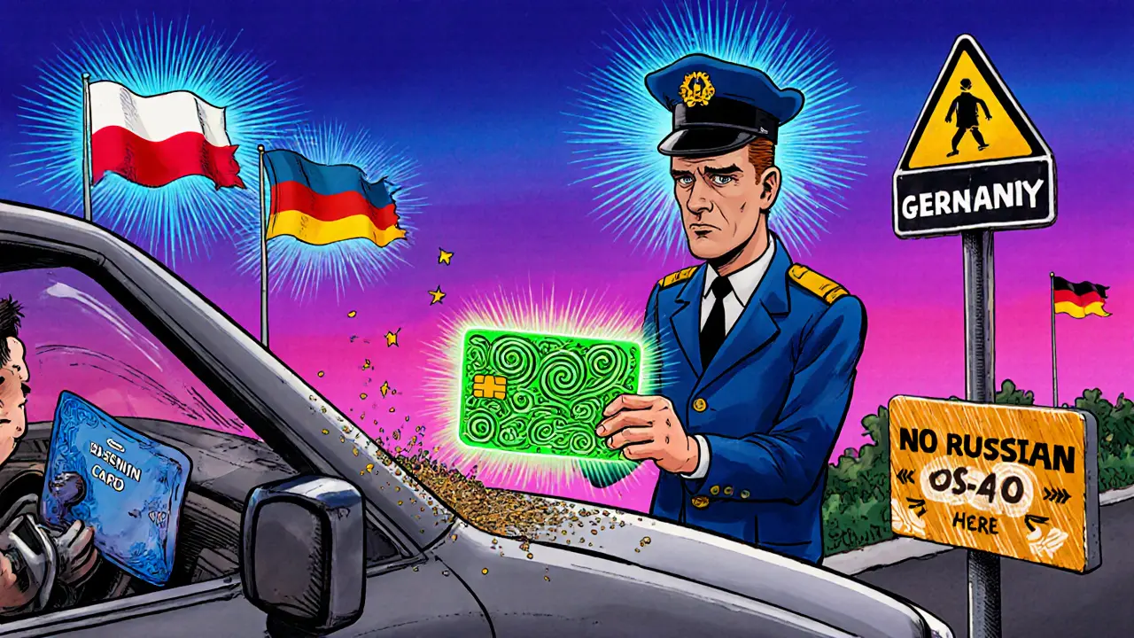 Водитель на границе с Европой передаёт Зелёную карту таможеннику, за ним разрушается старая синяя карта.