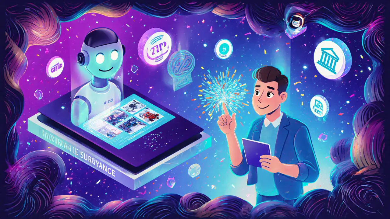 Цифровой страховой офис с ИИ, анализирующим повреждения авто, клиент получает выплату, вокруг — светящиеся иконки и таймер 22 дней.