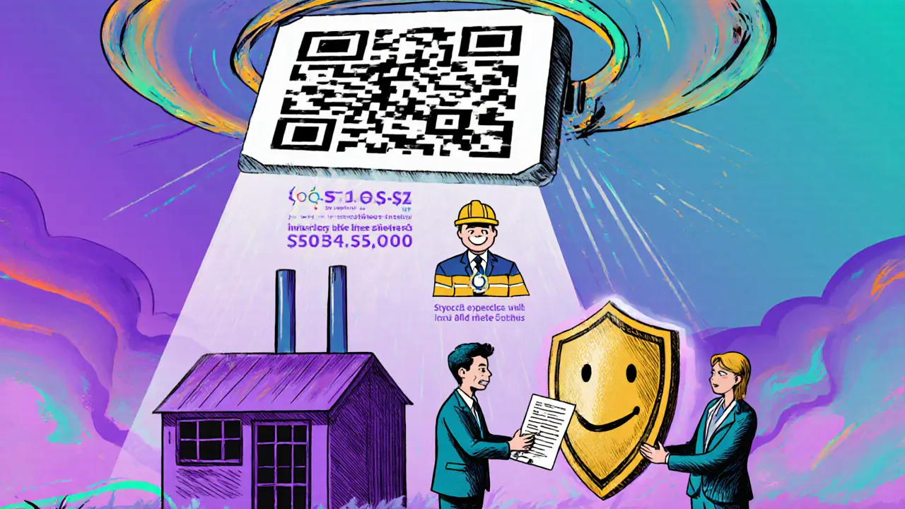 Гигантский QR-код над заводом, сканирующий данные безопасности и страхования.