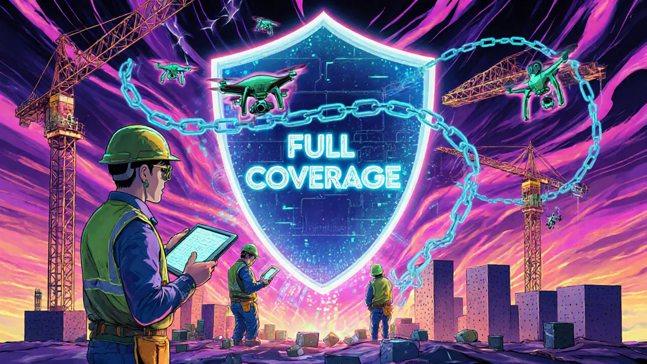 Команда с голографическими планшетами контролирует умную технику под защитой цифрового щита, в стиле психоделической иллюстрации.