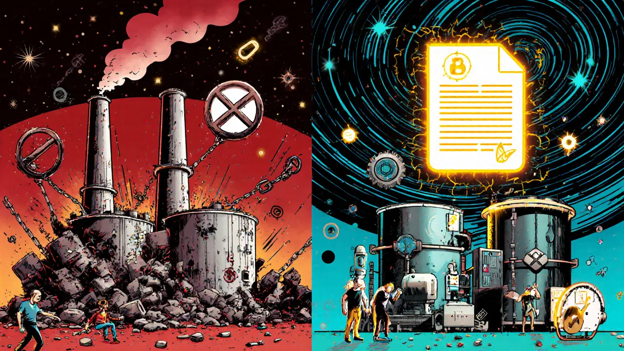 Разделённая сцена: разрушающийся завод без страховки и защищённый — с цифровыми системами.