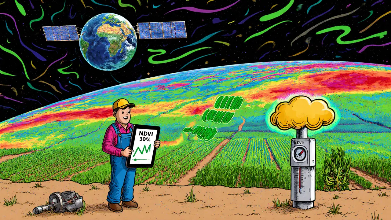 Спутник над полями показывает NDVI-карту, фермер смотрит на планшет с падающей линией.
