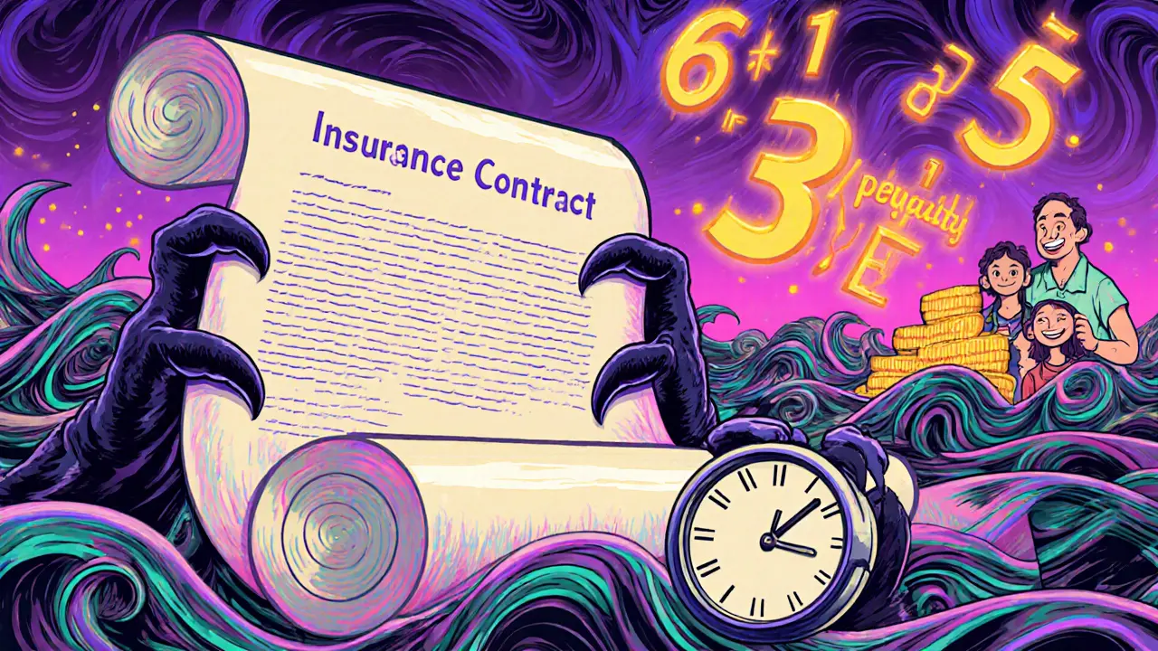 Страховой договор с скрытыми комиссиями и семейной выплатой в психоделическом стиле.
