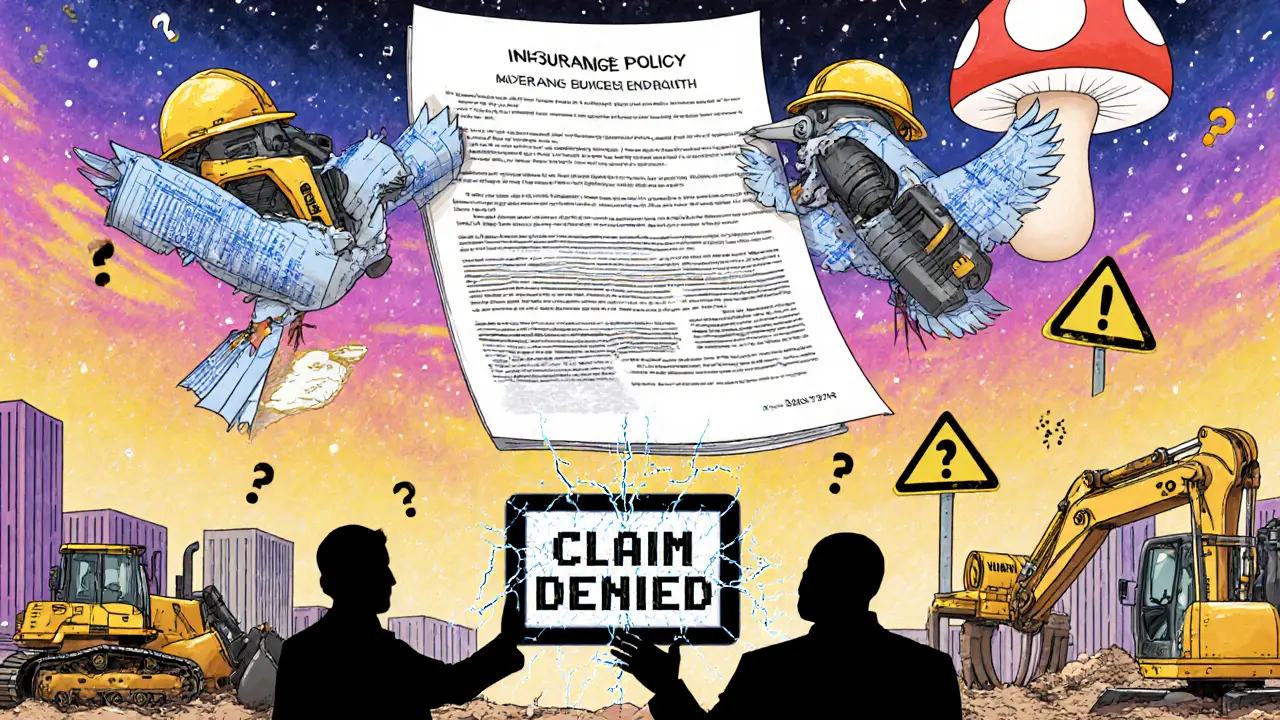 Страховой полис превращается в птиц, несущих технику, над стройкой с тенями, спорящими о отказе в выплате.