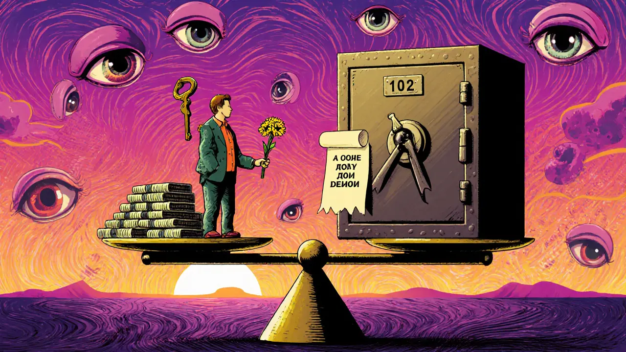 Заемщик с ключом от дома балансирует против гигантского банка на весах.