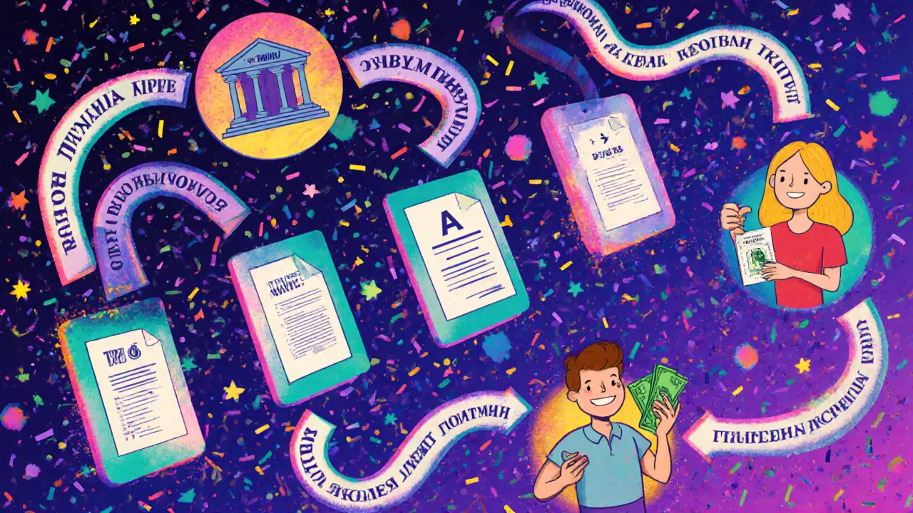 Спираль из семи шагов замены страховки, каждая ступень — иллюстрация процесса с юридическими символами.