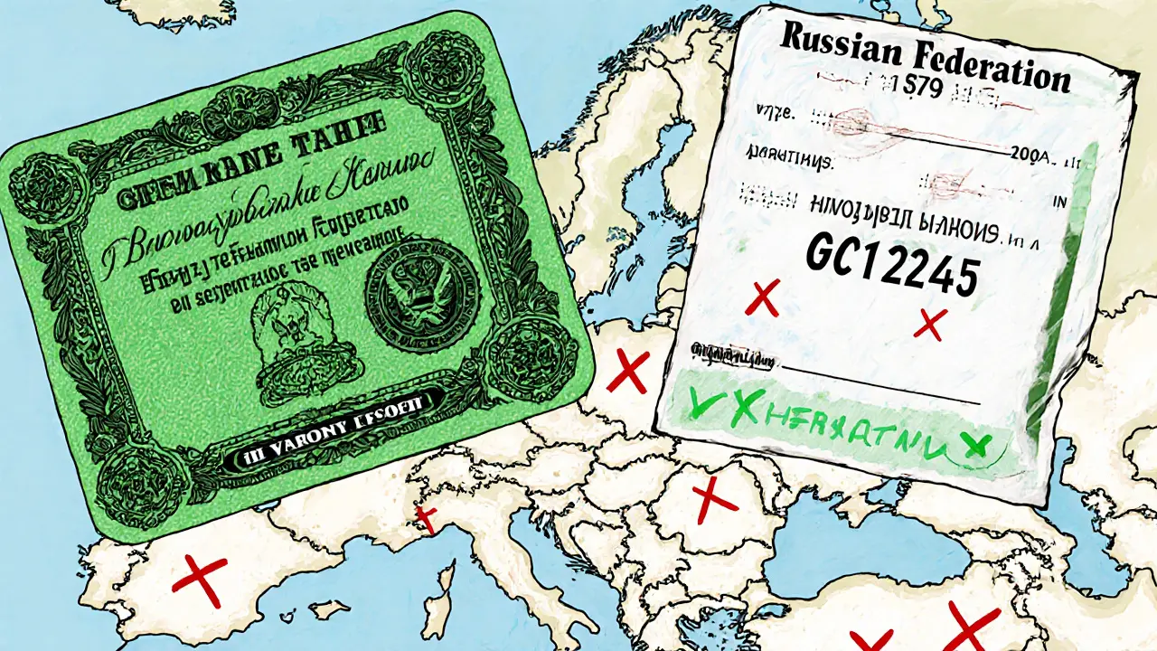 Сравнение настоящей и поддельной зеленой карты: с печатями и указанием России против простой распечатки.