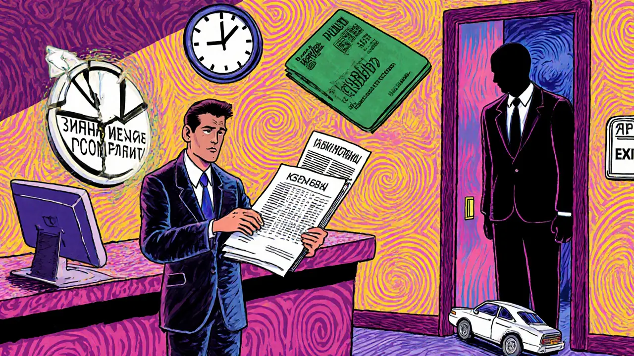 Водитель стоит в страховой компании, а иностранец исчезает, вокруг — разбитая карта и падающий автомобиль.