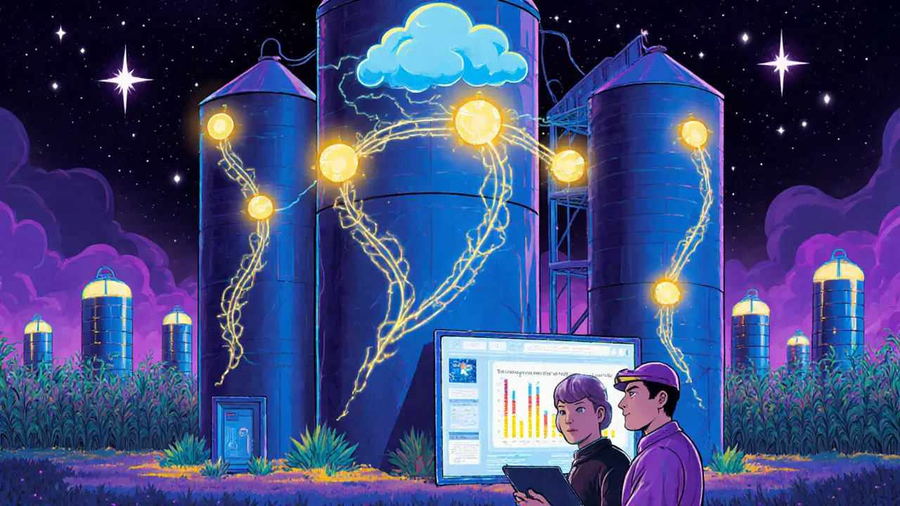 Современная силосная яма с датчиками, передающими данные в облако, фермер наблюдает за монитором.