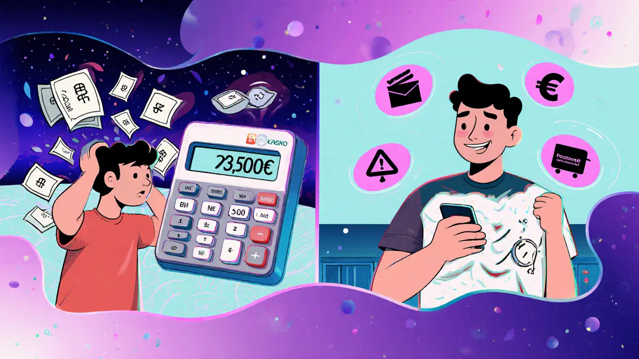 Сравнение дорогой и дешевой страховки КАСКО в психоделическом стиле с иконками экономии.