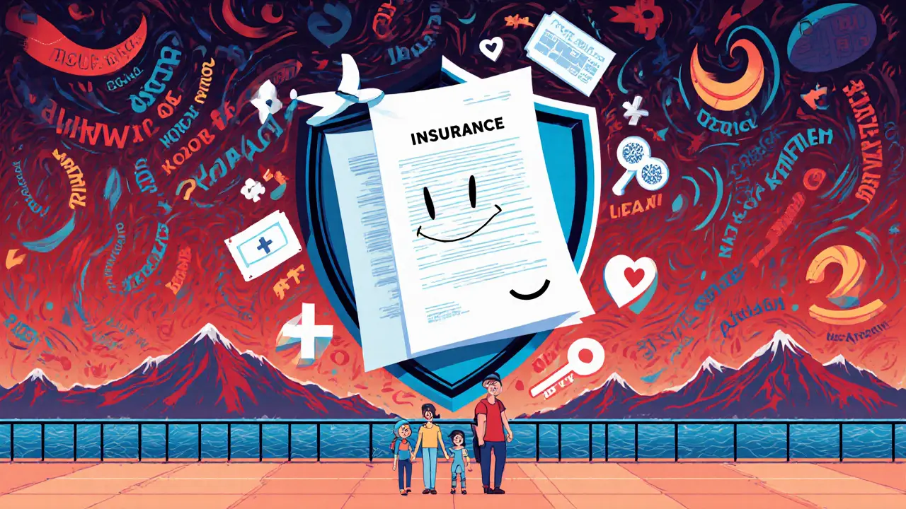 Страховой полис как щит защищает семью в аэропорту, вокруг — билеты, ключи и медицинские символы.