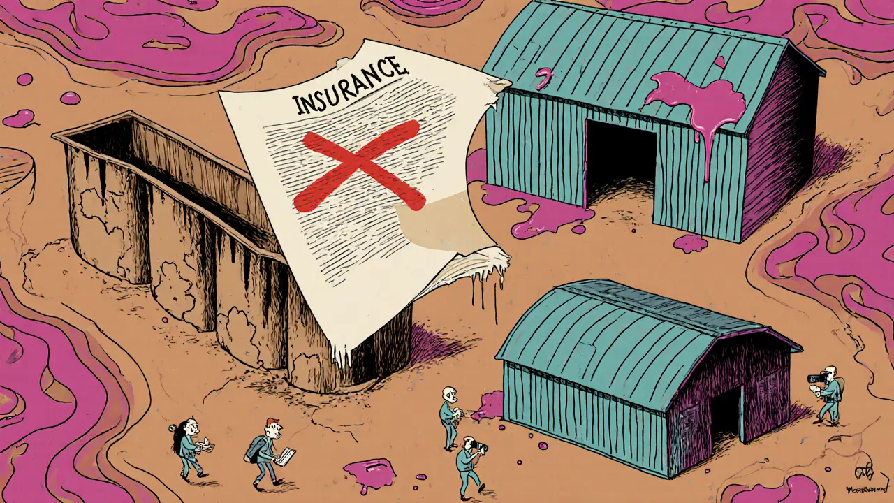 Три типа кормохранилищ с повреждениями, над ними — большой запрещающий знак страхового полиса.