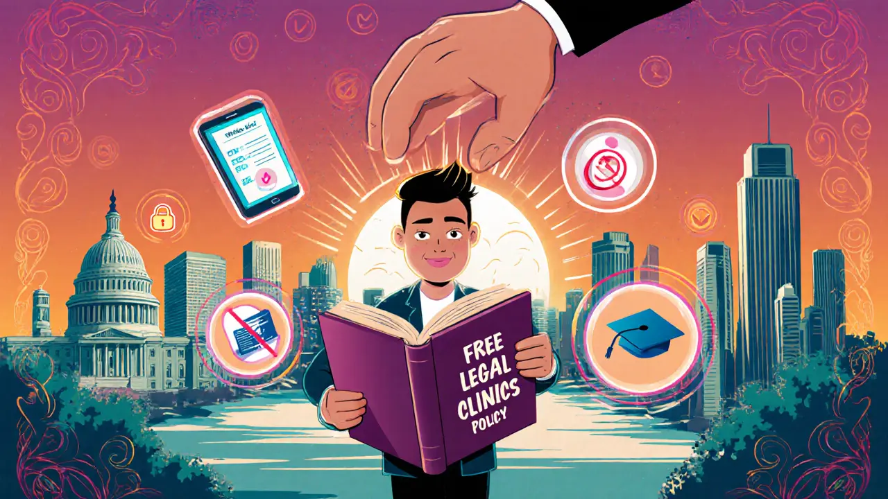 Человек получает бесплатную юридическую помощь, вокруг — символы защиты и цифровые инструменты борьбы с мошенниками.