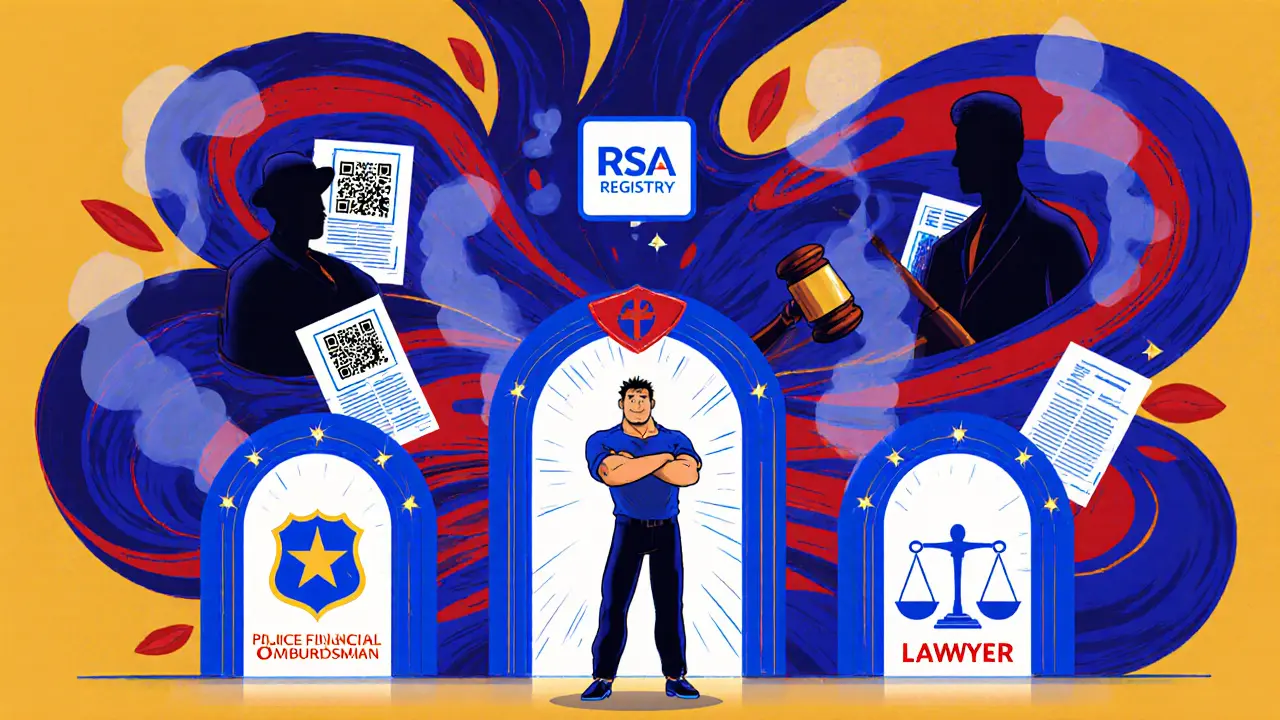 Человек стоит перед тремя порталами: полиция, омбудсмен и адвокат, мошенники исчезают в дыму.