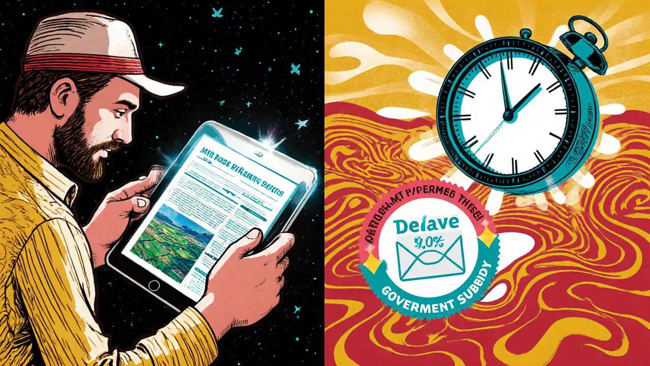 Фермер оформляет страховку онлайн, рядом — медленно тикающие бумажные процедуры.