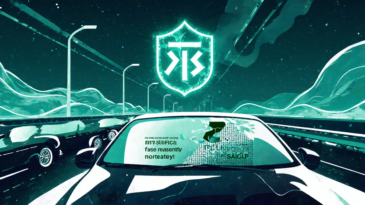 Футуристическая дорога с голограммами зеленых карт, одна из них разрушается на пиксели.