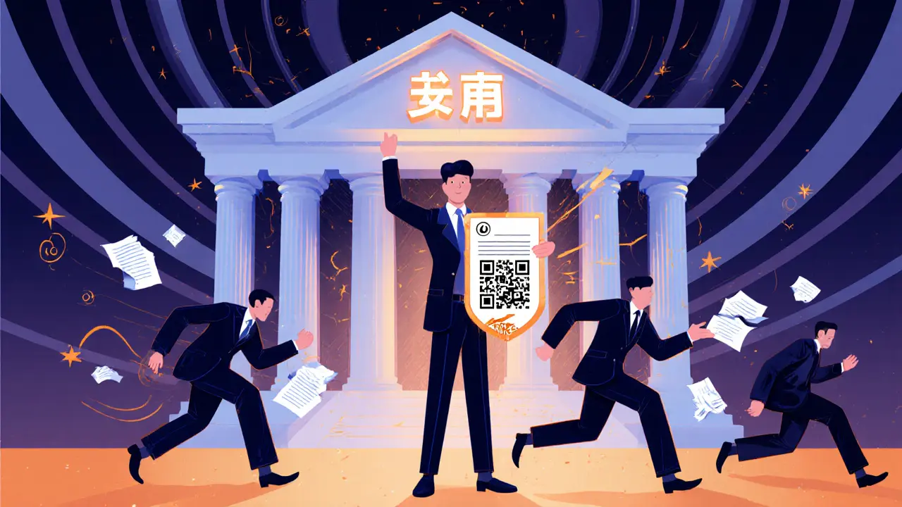 Клиент стоит у офиса страховой компании, за ним — бегущие мошенники с рвущимися документами.