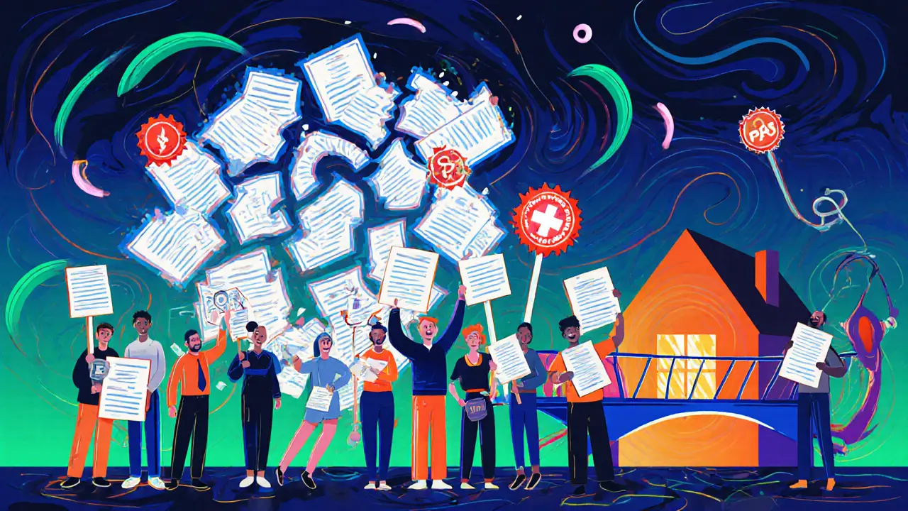 Люди держат медицинские бумаги как плакаты, идущие по мосту к дому в психоделическом стиле.