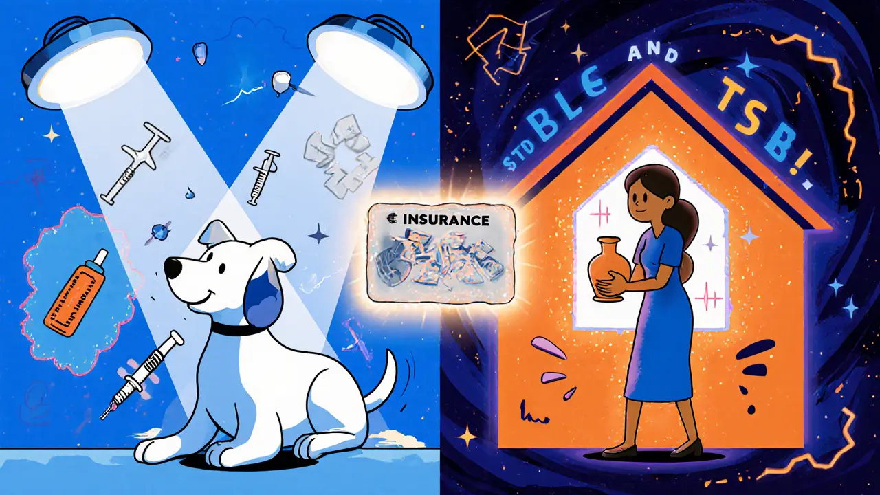 Разделённая сцена: ветеринарная операция и возмещение ущерба соединены единым страховым полисом.