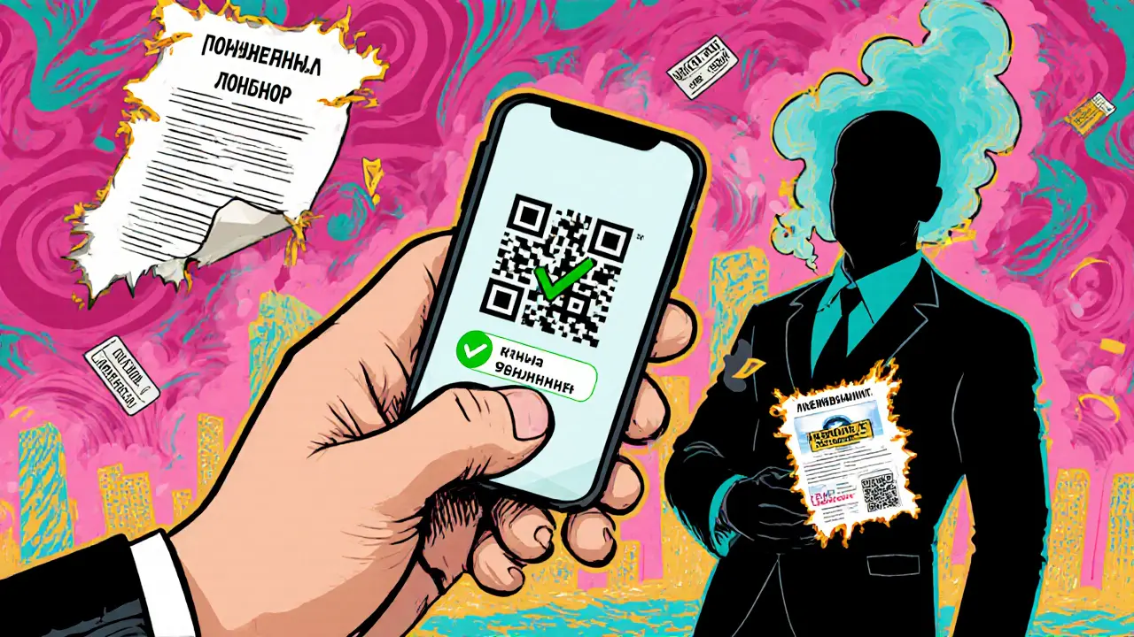 Рука сканирует QR-код, на экране — проверка, позади — тающий мошенник с поддельными документами.