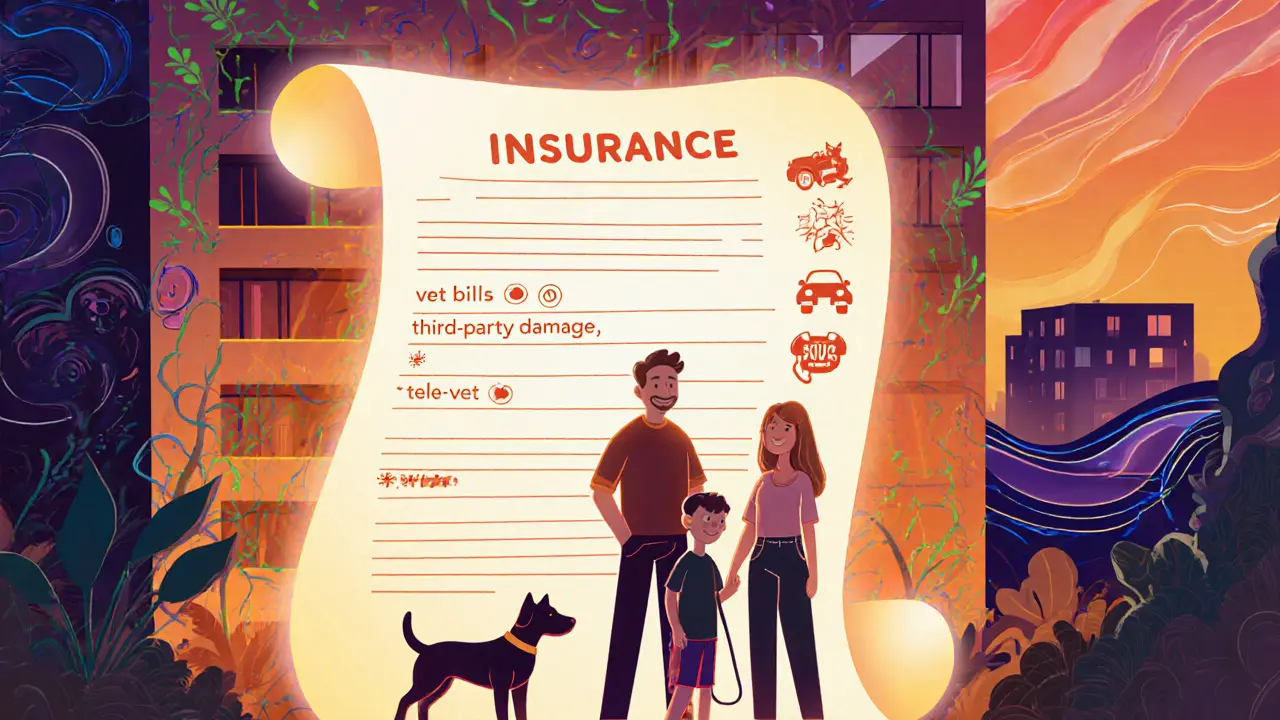 Семья с собакой перед домом, над ними — прозрачный полис с символами медицинской помощи и ответственности.