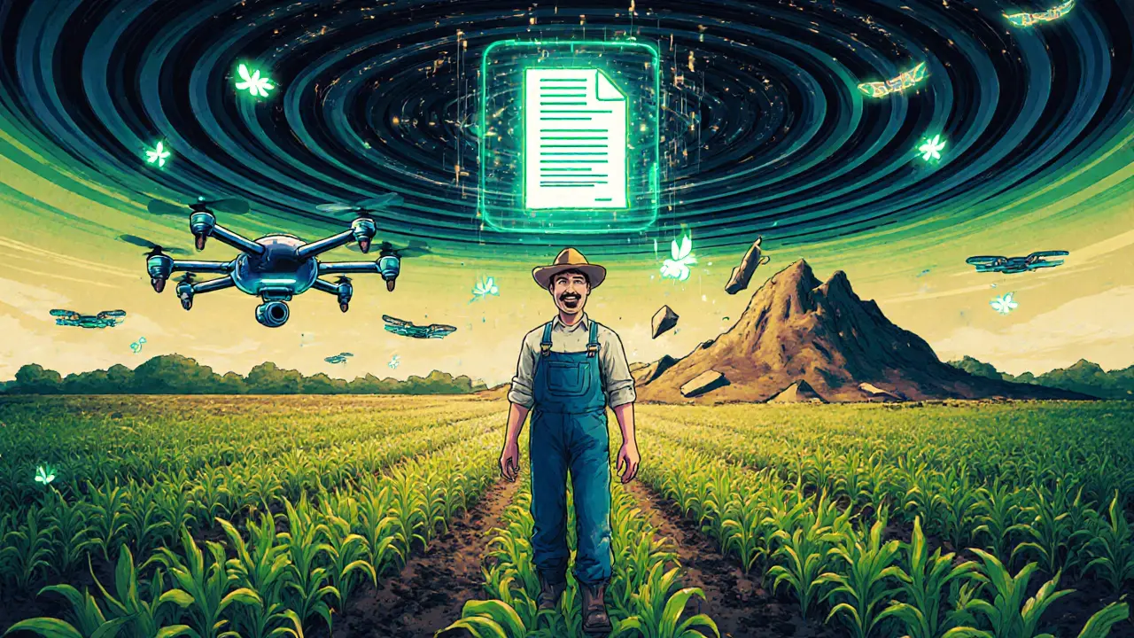 Современное поле с дронами и мгновенной цифровой выплатой по страховке.