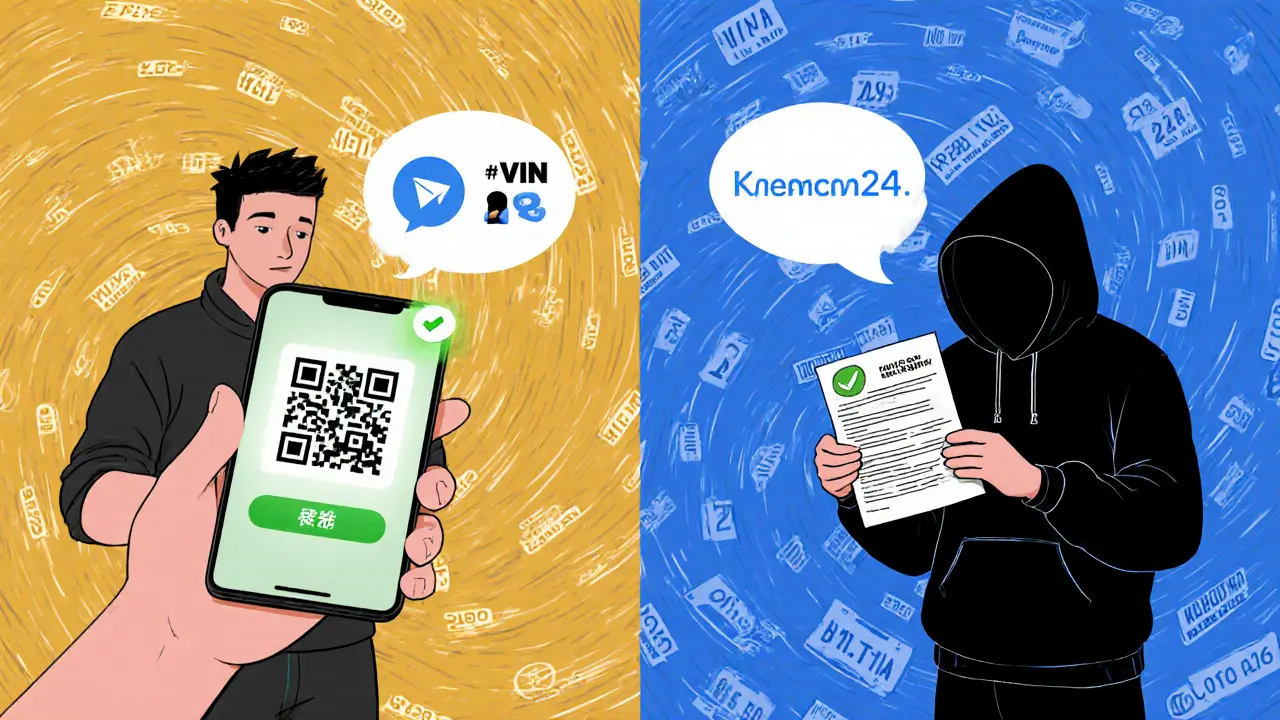 Сравнение: настоящая проверка через приложение и мошенник, продающий полис в Telegram.