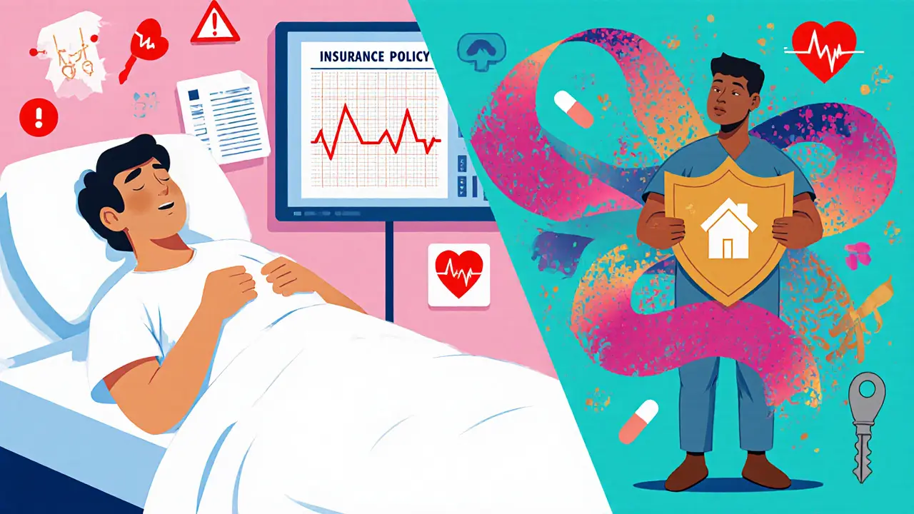 Сравнение слабого больного и сильного человека с защитой в виде страхового полиса в психоделическом стиле.