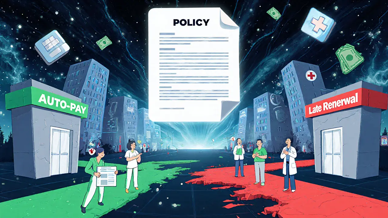 Город из полисов: зеленый путь автоплатежа и красный путь просрочки с закрытыми клиниками.