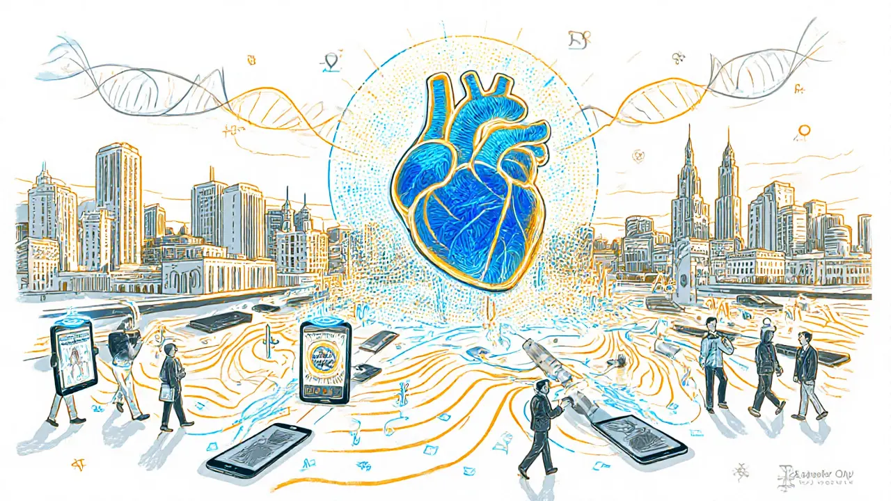 Психеделический город с медицинскими учреждениями, соединёнными светящимися путями, и пульсирующим цифровым сердцем в центре.