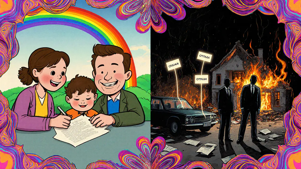 Разделённая сцена: радость подписания vs катастрофа из-за непрочитанных условий.