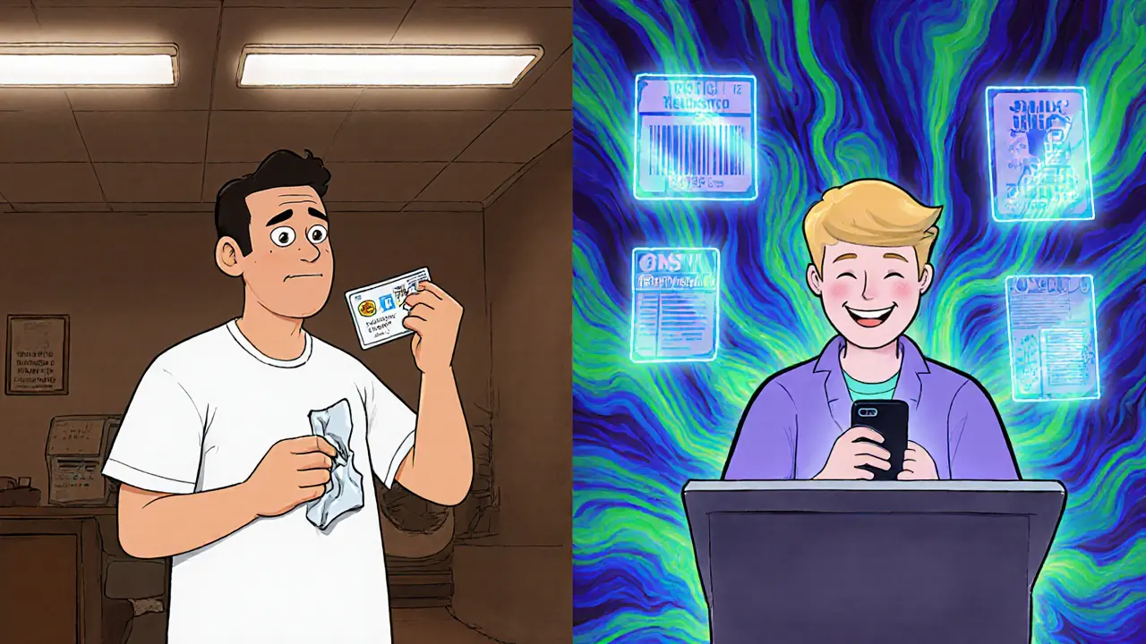 Сравнение: бумажный полис в старой клинике и цифровой полис в современном центре с плавающими медицинскими данными.