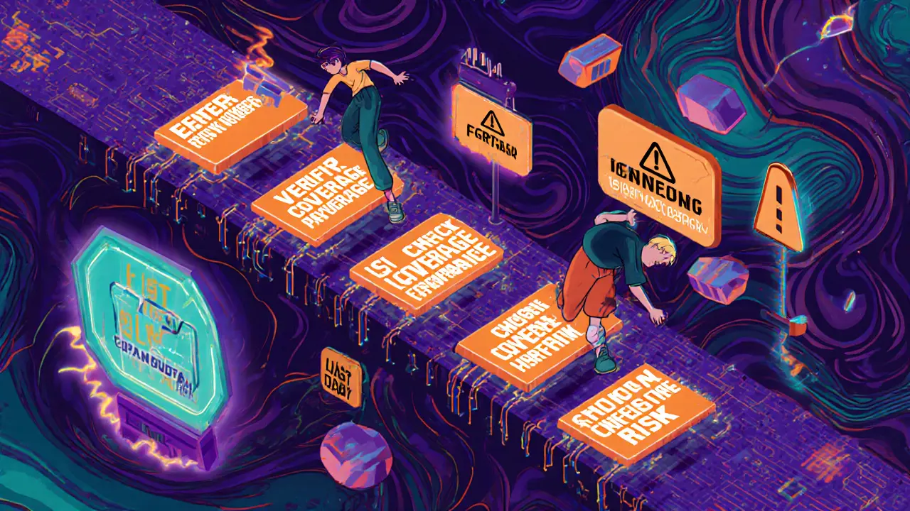 Стилизованная лестница онлайн-продления ДМС с этапами и предупреждениями в психоделическом стиле.