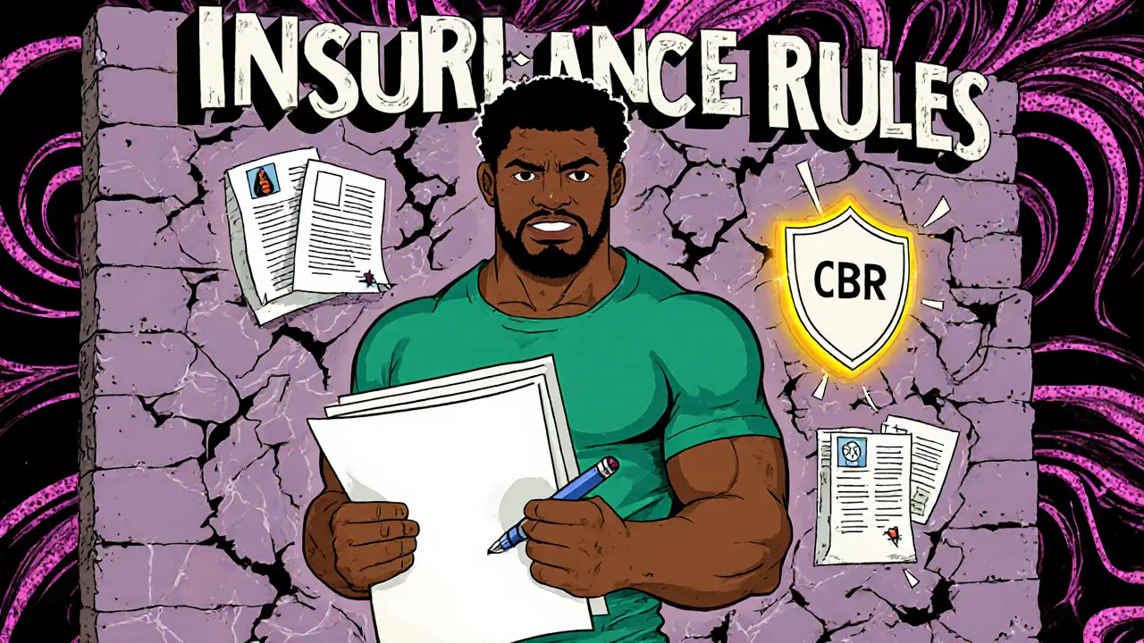 Человек борется с стеной правил страхования, держа медицинские документы и щит ЦБ.