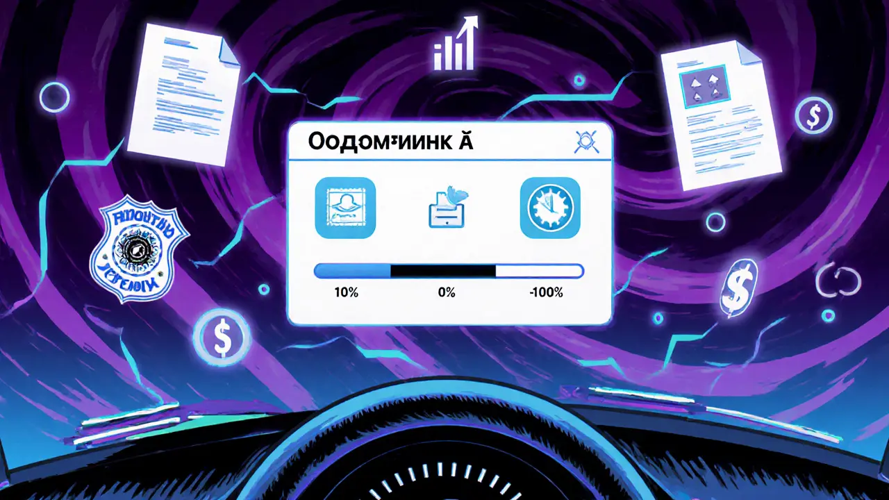 Цифровое приложение ОСАГО показывает прогресс выплаты, вокруг — символы фото, подписей и денег.