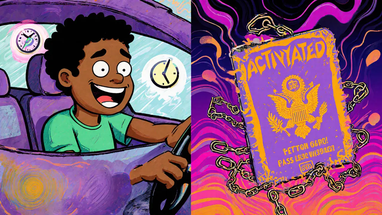 Два сценария: покупка полиса и момент активации — яркие психоделические узоры, эмоциональный контраст.