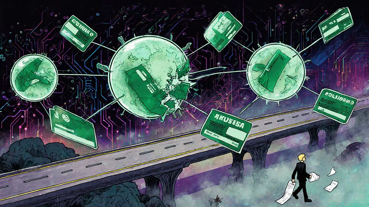 Глобальная сеть Зелёных карт, одна разрушается при пересечении границы — психоделический стиль, без текста.