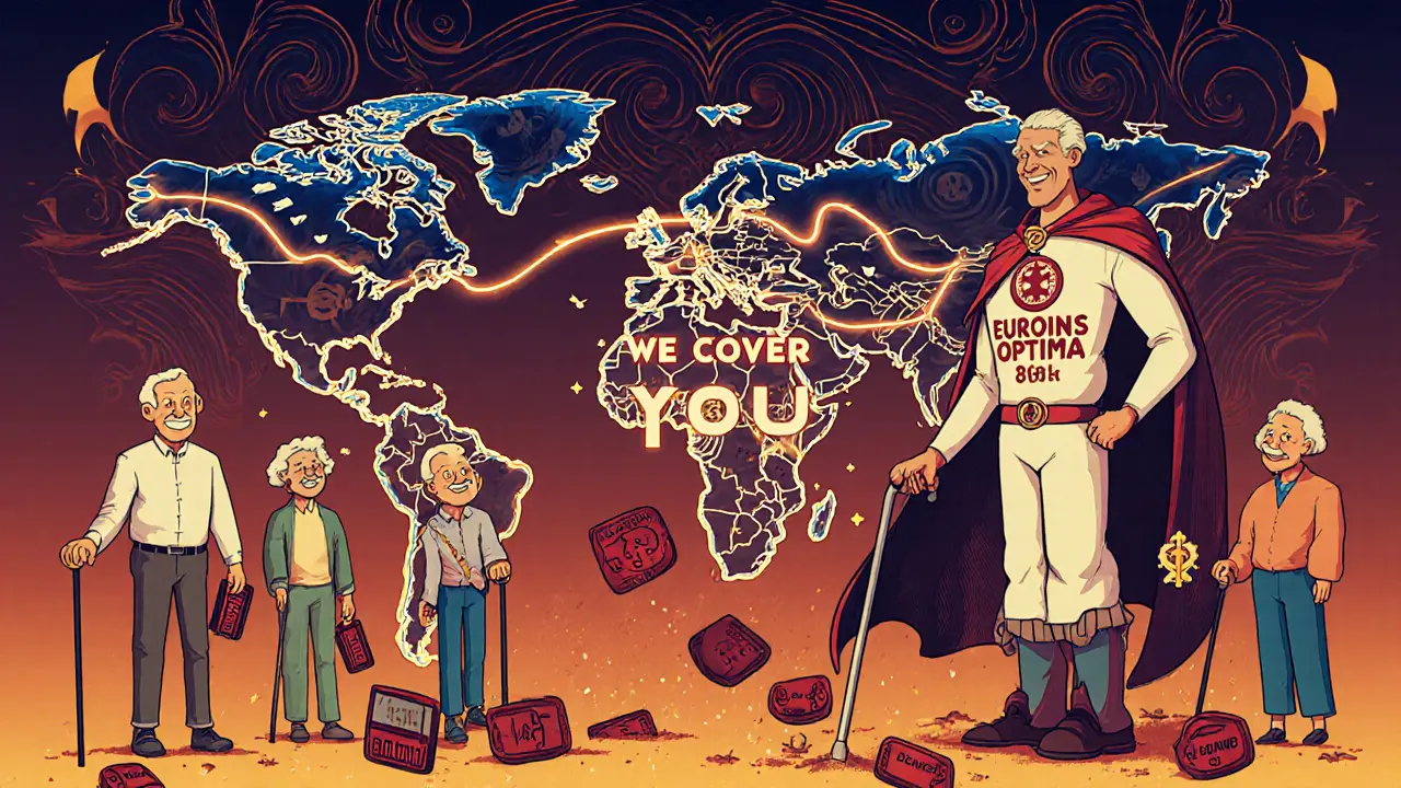 Карта мира с путями в Турцию и Египет, пожилые туристы под защитой страховки EUROINS OPTIMA.