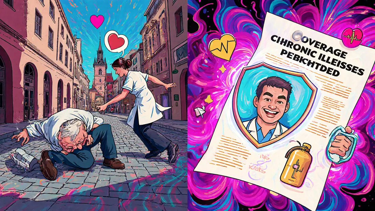 Пожилой мужчина в Праге получает помощь: слева — падение, справа — лечение с поддержкой.