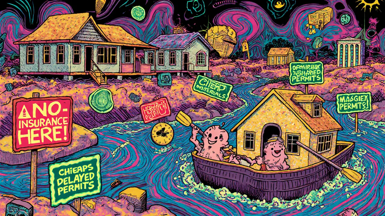 Психеделическая временная линия строительства дома с страховкой, переходящей от риска к защите.